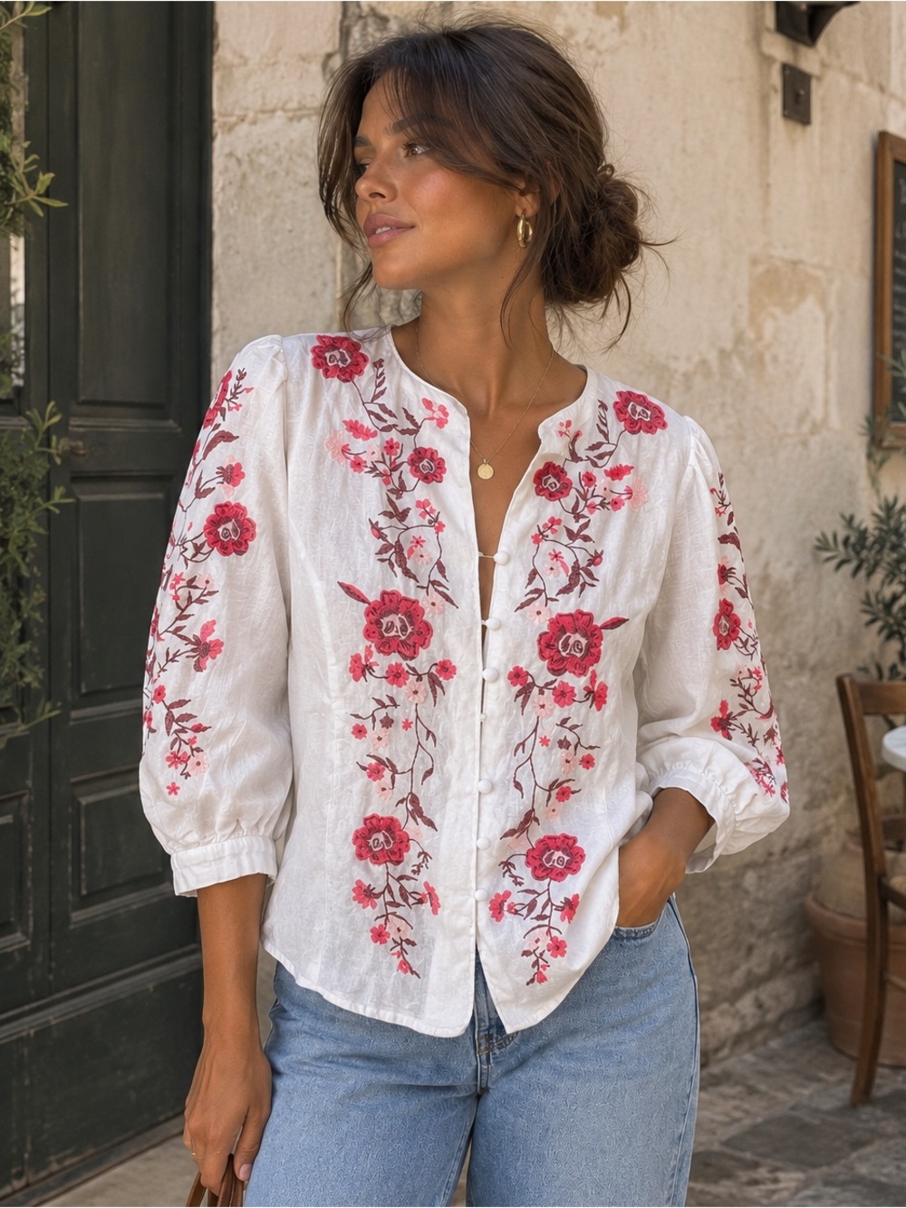 Calypso St Barth XS Embroidered Floral Cotton Flax Boho Blouse Cottagecore